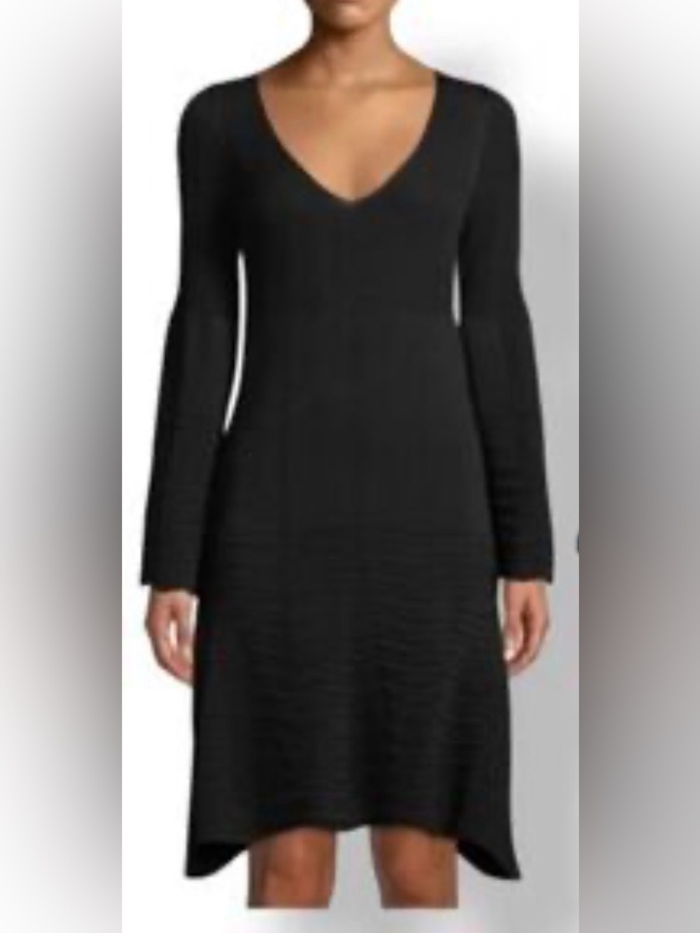 Leon Max Black V-Neck Long Bell Sleeve Knit Dress - ribbed bodice, chevron skirt